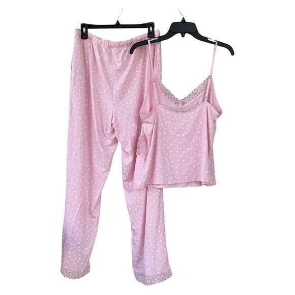 NWT State Of Day Women 2-pc Pajama Set Pink With White Dots Hearts Lace Trim S - Picture 2 of 3